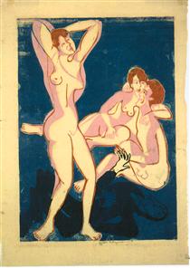 Three Nudes and Reclining Man - Ernst Ludwig Kirchner