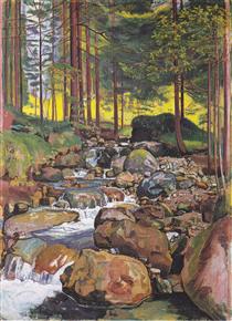 Forest with a mountain stream - Фердинанд Ходлер