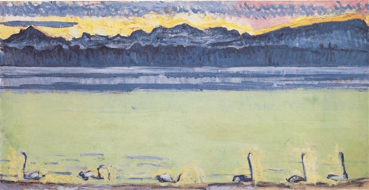 Lake Geneva with Mont Blanc at dawn, 1918 - Фердинанд Ходлер
