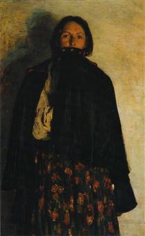 A peasant covering up her mouth by coat - Filipp Malyavin