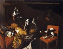 Still Life with dead hares and birds, armchair, hounds, hunting gun - Франс Снейдерс