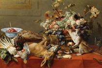 Still Life with Fruit, Dead Game, Vegetables, a Live Monkey, Squirrel and Cat - Frans Snyders