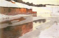 A Factory Building near an Icy River in Winter - Frits Thaulow