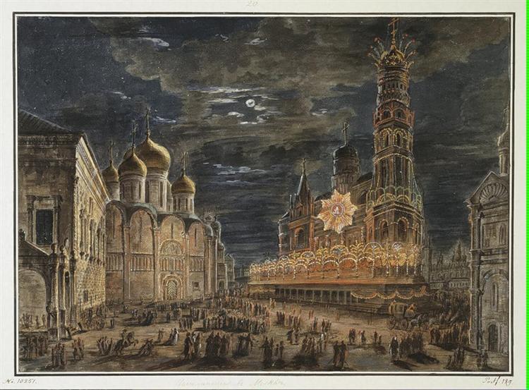 Illumination at Soboronaya Square on the occasion of the coronation of Alexander I, 1802 - Федір Алексєєв