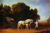 Park Phaeton with a Pair of Cream Pontes in Charge of a Stable Lad with a Dog - Джордж Стаббс