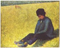 Peasant boy sitting in a meadow - Жорж Сера