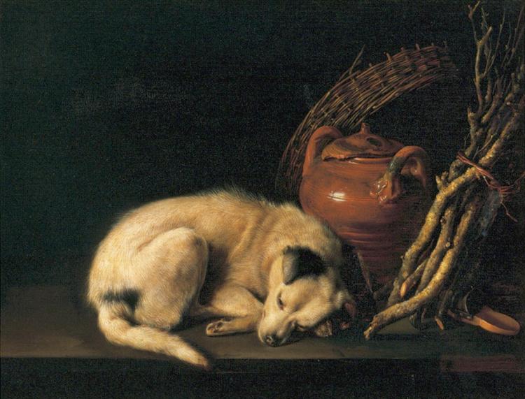 A Sleeping Dog with Terracotta Pot, 1650 - Герард Доу