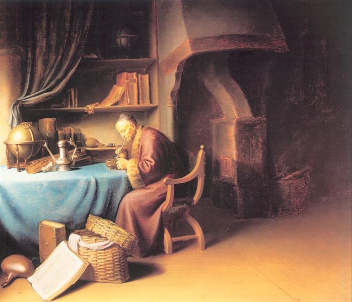 An Old Man Lighting his Pipe in a Study - Gerrit Dou