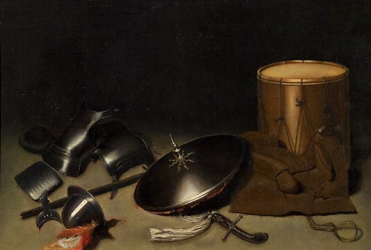 Still life with armor, shield, halberd, sword, leather jacket and drum, 1630 - Герард Доу