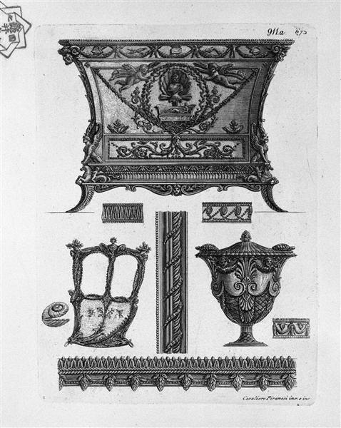 A chest of drawers, a side of the sedan, a decorative vase and various ornamental motifs - Giovanni Battista Piranesi