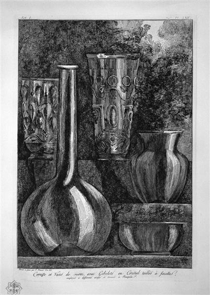 Bottle and glass vases and crystal faceted, found in Pompeii - Giovanni Battista Piranesi