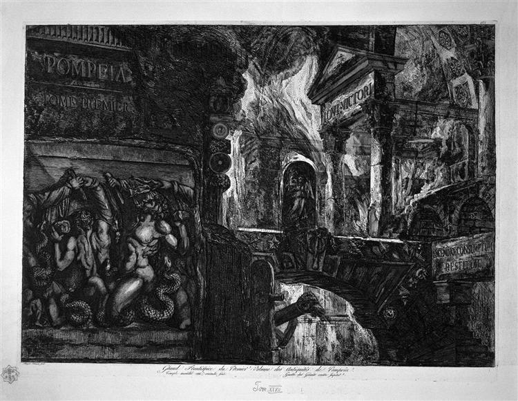Cover Page. To the right a temple on fire, left a high-relief depicting the War of `Giants against Jupiter. - Giovanni Battista Piranesi