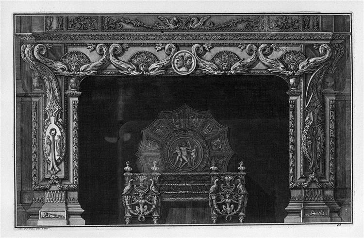 Fireplace: four pairs in the frieze of dolphins addressed; a rich interior wing - Джованни Баттиста Пиранези