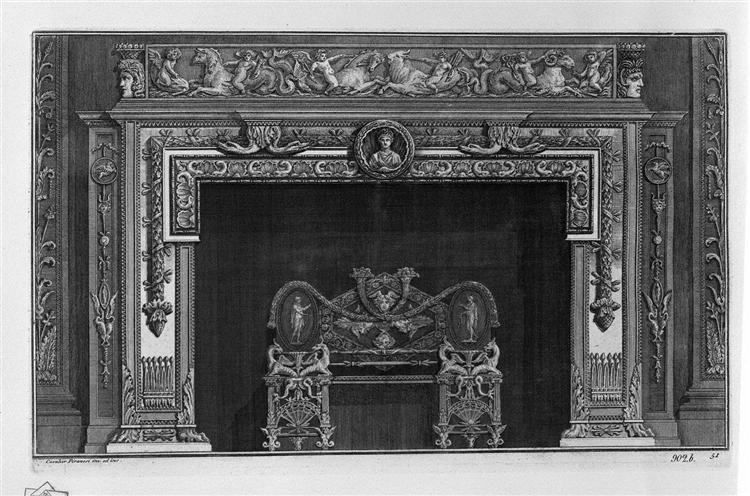 Fireplace that has a second floor on the frieze of putti cavalcanti dolphins and sea monsters, a rich interior wing - Джованні Баттіста Піранезі