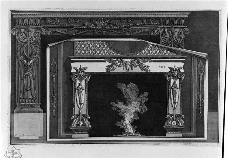 Fireplace with cameos frieze; forward to it, on a sheet of paper, another fireplace decorated with Medusa heads and winged figures with lyre - Джованні Баттіста Піранезі