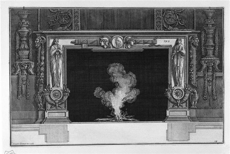 Fireplace with draped figures and horns of plenty at the hips, and a medallion on the frieze and two heads in profile between two fasces - Giovanni Battista Piranesi