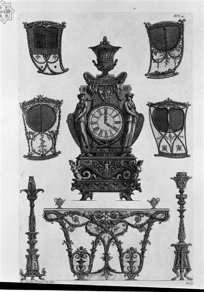 Four sides of the sedan, a clock, two candlesticks, table wall - Giovanni Battista Piranesi
