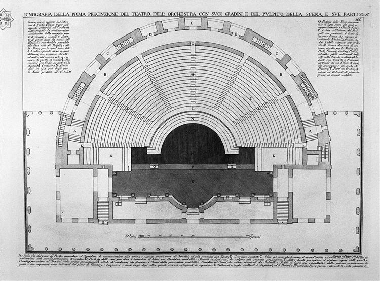 Ground plan of the first precinzione the theater, the `orchestra with its steps, and the pulpit of the scene, and its parts - Giovanni Battista Piranesi