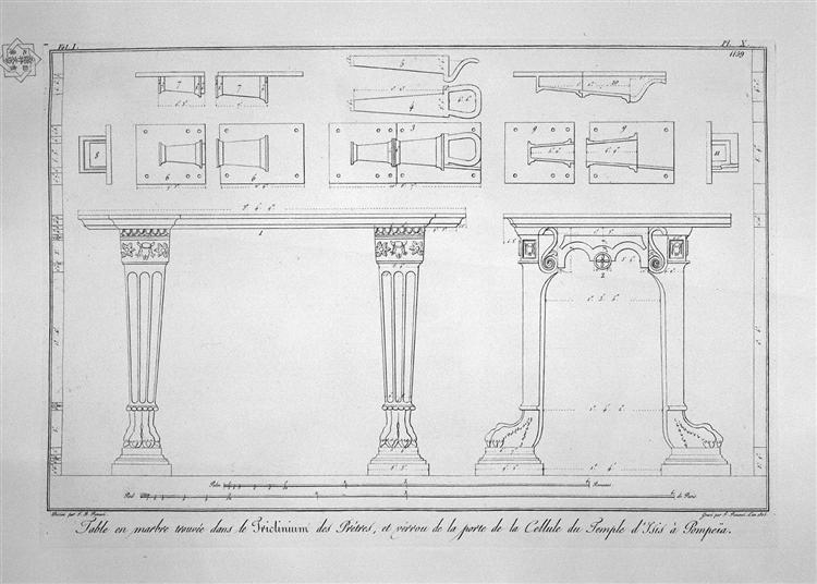 Marble table found in the triclinium of the Priests, and bolt the door of the cell of the Temple of Isis (inc. in outline) - Giovanni Battista Piranesi