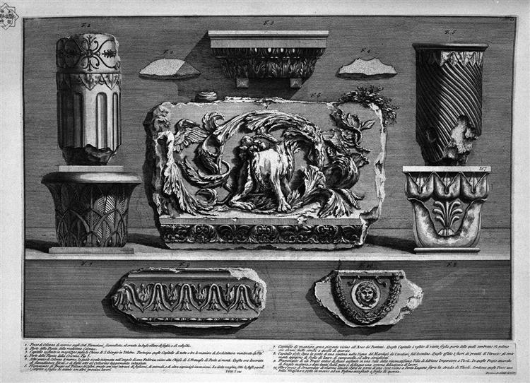 Pieces of columns, capitals, fragments of marble friezes and ornaments - Giovanni Battista Piranesi