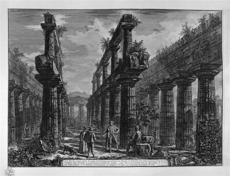 Remains of columns making up the side porches of the Temple in the cell above - Giovanni Battista Piranesi