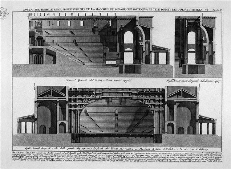 Split of the theater, and stage stable supple, and machine of wood, and painted canvases sosteneua of classrooms, and curtain - Giovanni Battista Piranesi