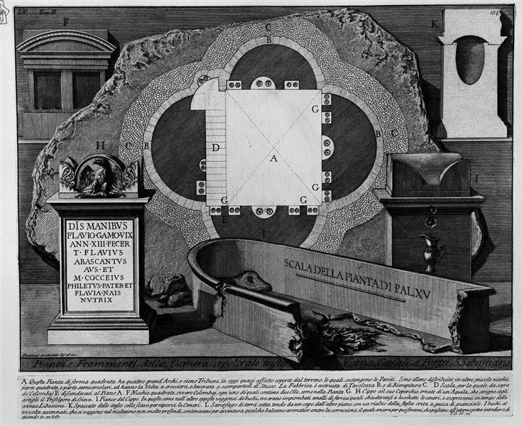 The Roman antiquities, t. 2, Plate LV. Plan and the existing fragments of the burial chamber in the Vineyard Gate S. Casali Sebastiano. - Giovanni Battista Piranesi