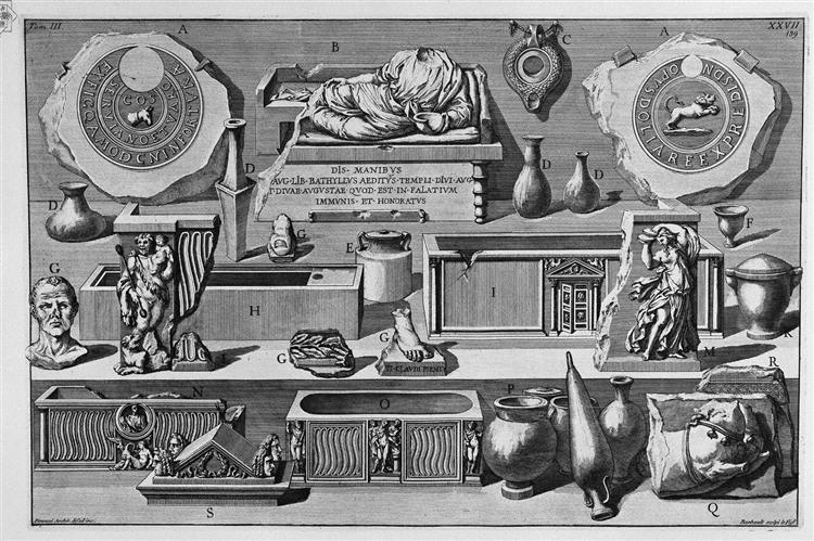The Roman antiquities, t. 3, Plate XXVII. Urns, vases, sarcophagi and various objects found in burial chambers above (figures carved from Barbault). - Giovanni Battista Piranesi