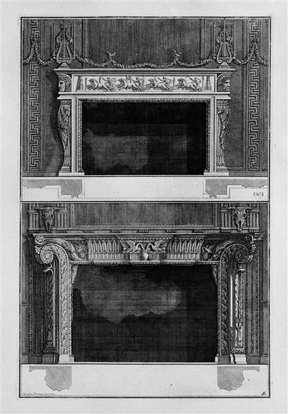 Two fireplaces superimposed with the support 4 in the chariot race in the circus, the inf with 2 swans that drink in a vase - Giovanni Battista Piranesi