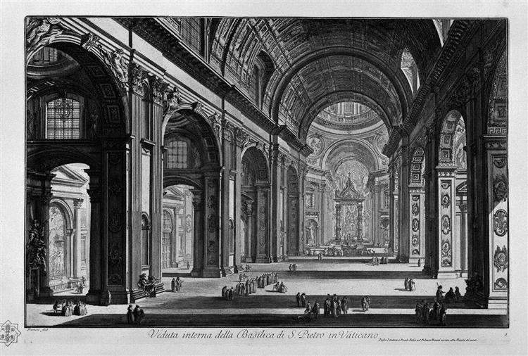View of the great Basilica of St. Peter`s Square and was originally located where the Cirque and the Gardens of Gaius and Nero in the Valley of the Vatican - Giovanni Battista Piranesi