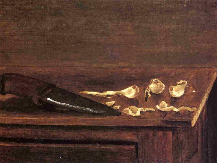Garlic Cloves and Knife on the Corner of a Table, c.1871 - c.1878 - Гюстав Кайботт