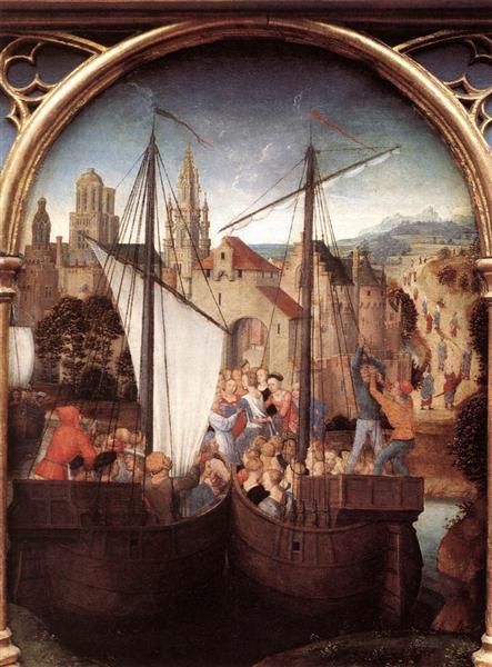 St. Ursula and her companions landing at Basel, from the Reliquary of St. Ursula, 1489 - Hans Memling