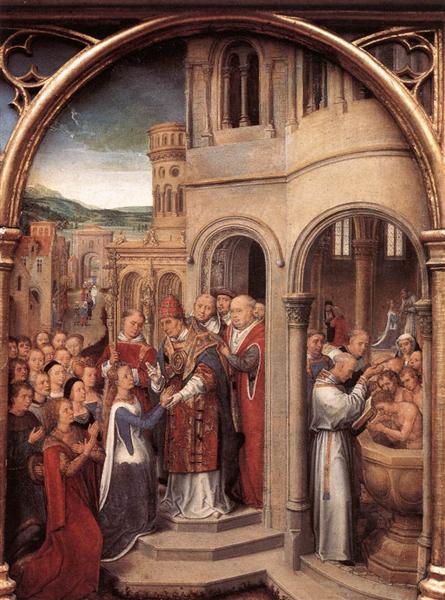 The arrival of St. Ursula and her companions in Rome to meet Pope Cyriacus, from the Reliquary of St. Ursula, 1489 - Ганс Мемлінг