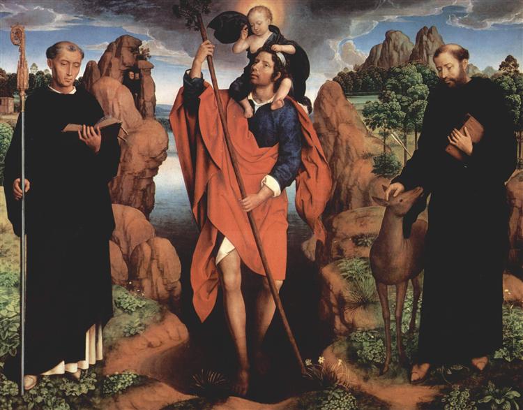 The triptych of Willem Moreel, middle panel Saint Christopher with Saint Maurus of Glanfeuil and Saint Giles, 1484 - Ганс Мемлінг