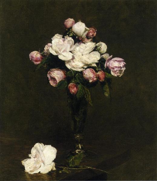White Roses and Roses in a Footed Glass - Henri Fantin-Latour
