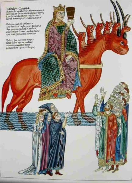 The great Babylonean riding a beast with seven heads and ten horns - Herrada de Landsberg