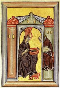 Frontispiece of Scivias, showing Hildegard receiving a vision, dictating to Volmar, and sketching on a wax tablet - Hildegarde de Bingen