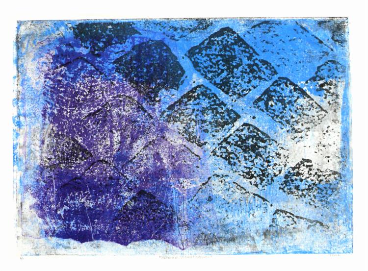 'Blue Cobblestones' No 1. - mono-print fine art; artist Hilly van Eerten, 2006 - Hilly van Eerten
