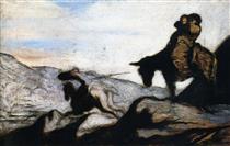 Don Quixote and Sancho Panza in the Mountains - Honore Daumier