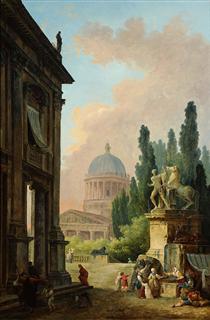 Vue imaginaire de Rome avec le dompteur de chevaux du Monte Cavallo et une église - Hubert Robert