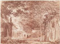 Fontaine ovale des jardins de la villa d'Este à Tivoli - Hubert Robert