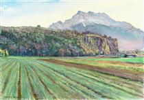 Swiss landscape of the plain around the rock of Saint-Triphon - Hubertine Heijermans