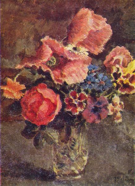 Маки, розы, васильки и другие цветы в стеклянной вазе, 1939 - Илья Машков