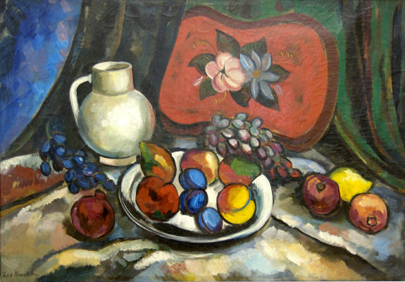 Натюрморт с подносом, белым кувшином и фруктами, 1910 - Илья Машков