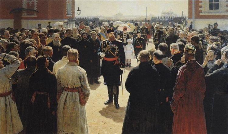 Aleksander III receiving rural district elders in the yard of Petrovsky Palace in Moscow, 1885 - 1886 - Ilja Jefimowitsch Repin