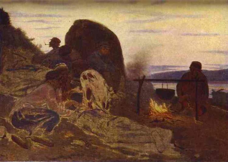 Barge Haulers by Campfire, 1870 - Ilia Répine