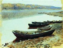 Landscape on Volga. Boats by the Riverbank. - Isaak Levitán