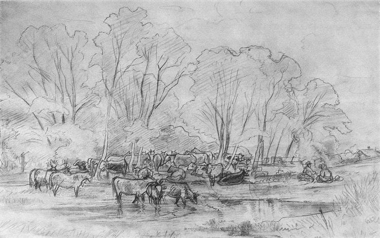 Herd near a stream - Ivan Chichkine
