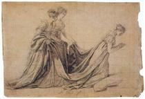 The Empress Josephine Kneeling with Mme de la Rochefoucauld and Mme de la Valett - Jacques-Louis David