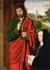 Anne of France, Lady of Beaujeu, Duchess of Bourbon, presented by St. John the Evangelist, right hand wing of a triptych - Meister von Moulins